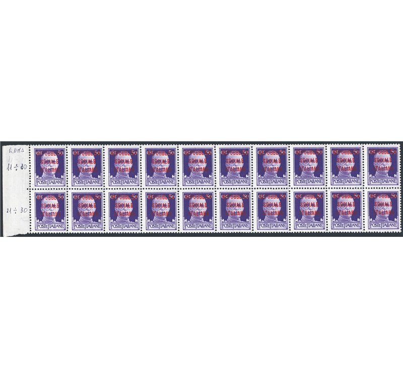 1944 - RSI Imperiale 50 c. violetto con soprast. di Roma, blocco orizzontale di 20 (posiz. 1-30) con nitido decalco al verso, n°
