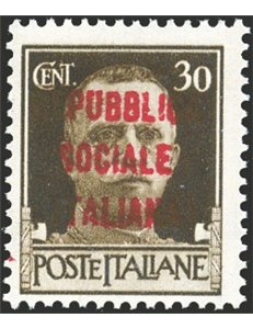 1944 - RSI Imperiale 30 c. bruno soprast. di tipo "m" invece che "l", n° 492BA. Cert.: Biondi. Cat. € 800 (**)