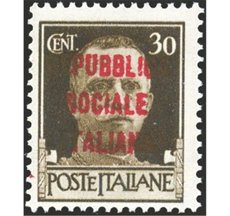 1944 - RSI Imperiale 30 c. bruno soprast. di tipo "m" invece che "l", n° 492BA. Cert.: Biondi. Cat. € 800 (**)