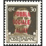 1944 - RSI Imperiale 30 c. bruno soprast. di tipo "m" invece che "l", n° 492BA. Cert.: Biondi. Cat. € 800 (**)
