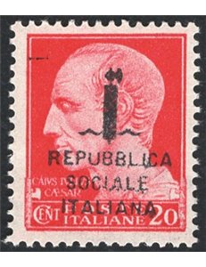 1944 - RSI Imperiale 20 c. carminio soprast. di tipo "k" in nero, n° 495/A. Cert.: Biondi. Cat. € 1.250 (**)
