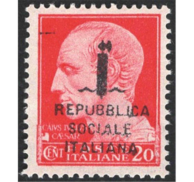1944 - RSI Imperiale 20 c. carminio soprast. di tipo "k" in nero, n° 495/A. Cert.: Biondi. Cat. € 1.250 (**)