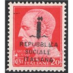 1944 - RSI Imperiale 20 c. carminio soprast. di tipo "k" in nero, n° 495/A. Cert.: Biondi. Cat. € 1.250 (**)