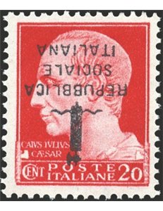 1944 - RSI Imperiale 20 c. carminio soprast. di tipo "k" in nero capovolta, n° 495/Aa. Cert.: Biondi. Cat. € 1.250 (**)