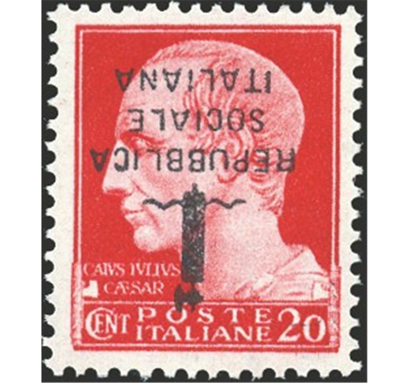 1944 - RSI Imperiale 20 c. carminio soprast. di tipo "k" in nero capovolta, n° 495/Aa. Cert.: Biondi. Cat. € 1.250 (**)