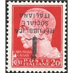 1944 - RSI Imperiale 20 c. carminio soprast. di tipo "k" in nero capovolta, n° 495/Aa. Cert.: Biondi. Cat. € 1.250 (**)