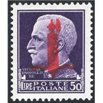 1944 - RSI Imperiale 50 £ violetto con soprast. fascio di Verona rosso, n° 501. Firm.: Raybaudi - AD. Cert.: Apicella. Cat. € 65