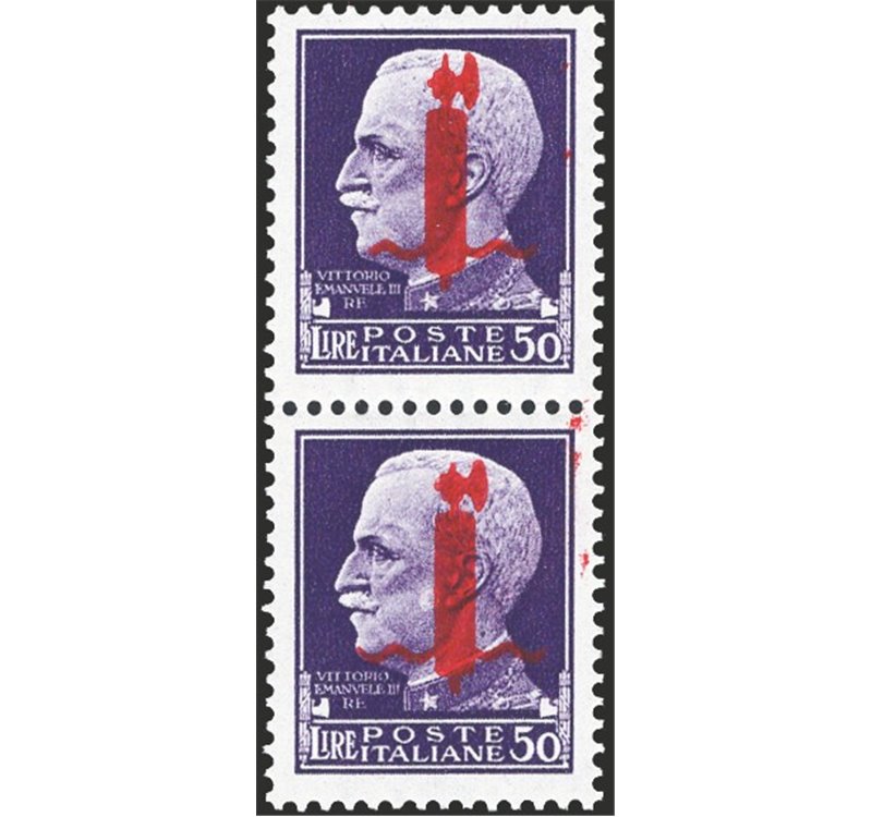 1944 - RSI Imperiale 50 £ violetto soprast. fascetto di Verona in rosso, coppia verticale (posiz. 17+27) con l'esemplare superio