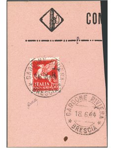 1944 - RSI P.A. Pegaso 10 £ soprast. su grosso frammento ed annullato con cachet di Gardone Riviera, n° 124. Cert.: Biondi. Cat.