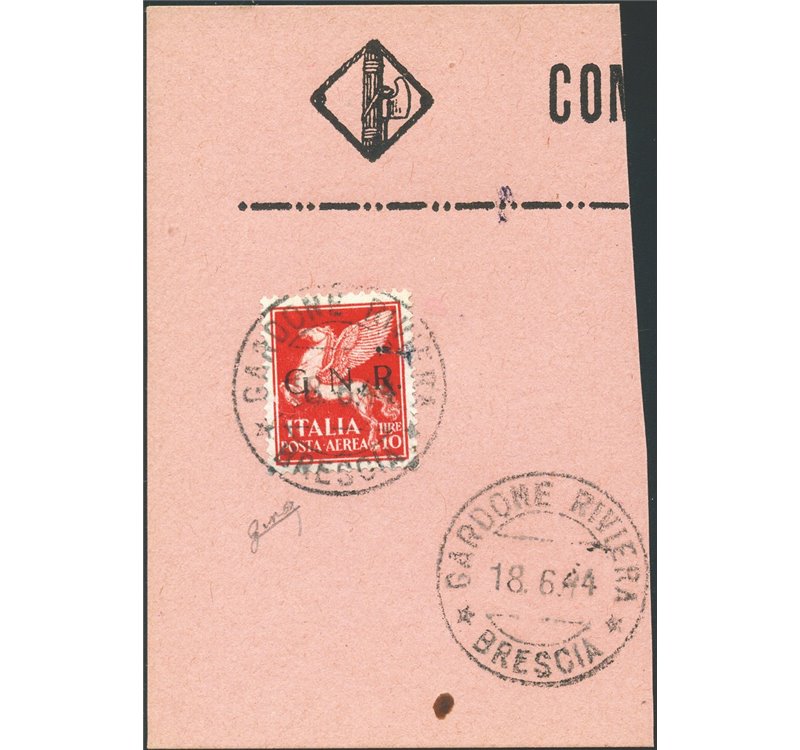 1944 - RSI P.A. Pegaso 10 £ soprast. su grosso frammento ed annullato con cachet di Gardone Riviera, n° 124. Cert.: Biondi. Cat.