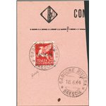 1944 - RSI P.A. Pegaso 10 £ soprast. su grosso frammento ed annullato con cachet di Gardone Riviera, n° 124. Cert.: Biondi. Cat.