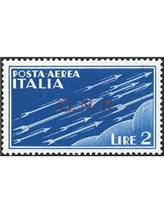 1944 - RSI P.A. 2 £ azzurro soprast. di Brescia 1° tipo "G.N.R.", n° 122I. Cert.: Biondi. Cat. € 6.750 (**)