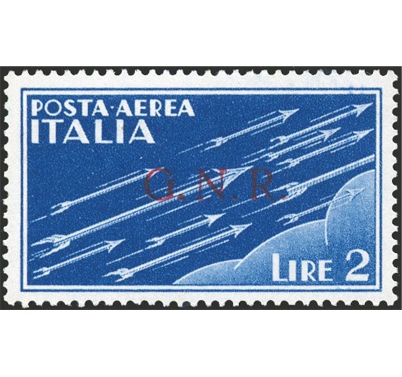 1944 - RSI P.A. 2 £ azzurro soprast. di Brescia 1° tipo "G.N.R.", n° 122I. Cert.: Biondi. Cat. € 6.750 (**)