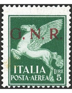 1944 - RSI P.A. Pegaso 5 £ verde soprast. di Brescia 1° tipo, n° 123I. Cert.: Carraro. Cat. € 600 (**)