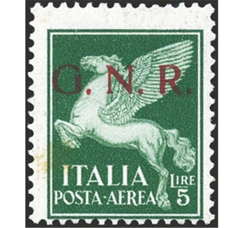 1944 - RSI P.A. Pegaso 5 £ verde soprast. di Brescia 1° tipo, n° 123I. Cert.: Carraro. Cat. € 600 (**)
