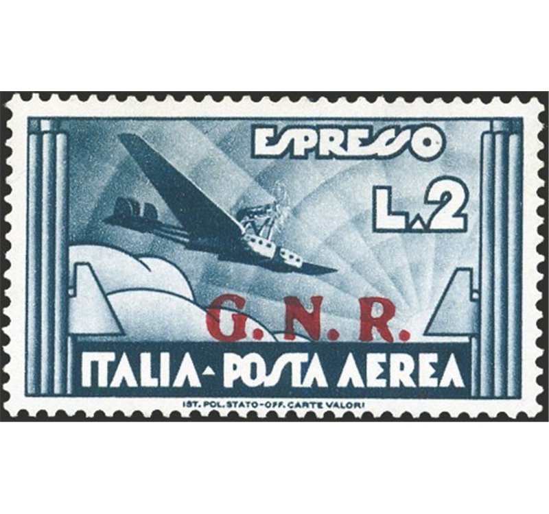 1944 - RSI P.A. Pegaso 2 £ adesia soprast. "G.N.R." 2° tipo, n° 125. Firm.: Raybaudi - G. Oliva. Cert.: Biondi. Cat. € 1.800 (*)