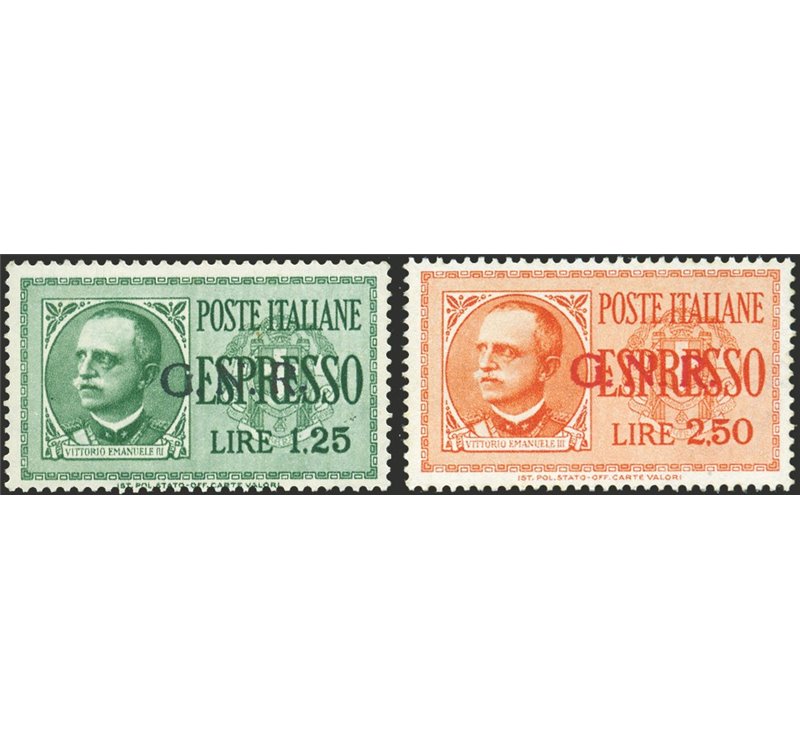 1943/44 - RSI Espressi soprast. di Verona ed errori di colore della stessa, 1,25 £ con soprast. nera, 2,50 £ con soprast. rossa,