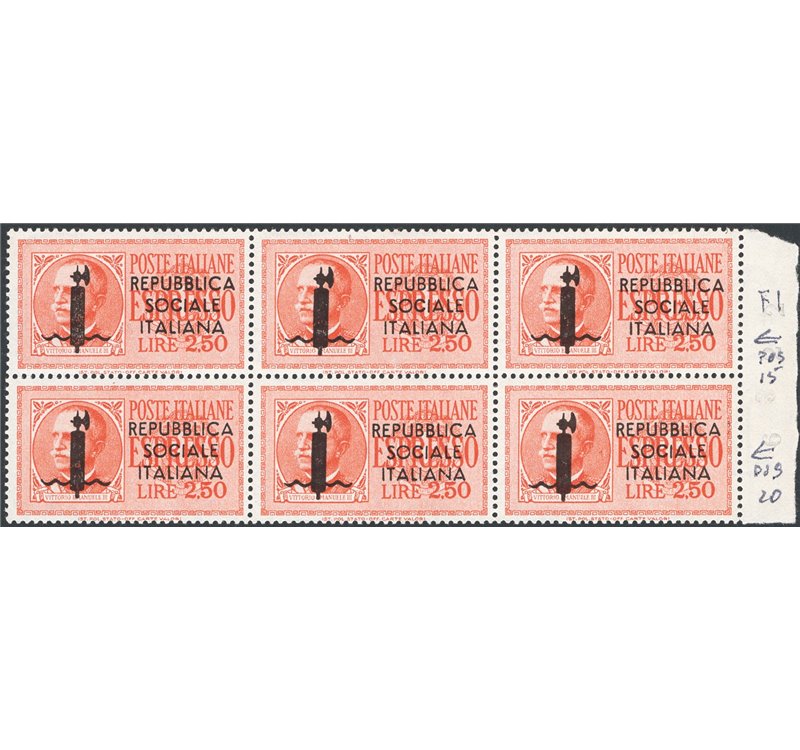 1944 - RSI Espressi 2,50 £ arancio, blocco di 6, soprast. di Verona e nitido decalco al verso, n° 22i. Cert.: IC. Cat. € 2.000++