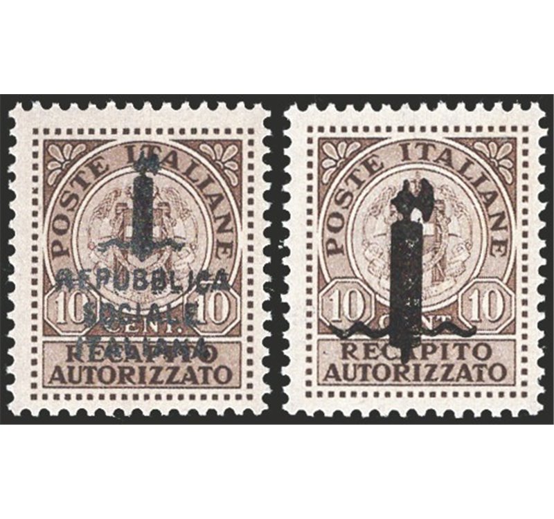1944 - RSI Recapito autorizzato con soprast. tipo “K” ed “L”, serie n° 3A/3B. Cert.: IC. Cat. € 1.700 (**)