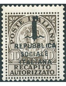 1944 - RSI Recapito autorizzato 10 c. soprast. tipo "k", n° 3A. Cert.: Biondi. Cat. € 550 (**)