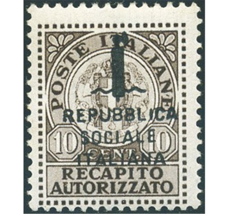 1944 - RSI Recapito autorizzato 10 c. soprast. tipo "k", n° 3A. Cert.: Biondi. Cat. € 550 (**)
