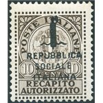 1944 - RSI Recapito autorizzato 10 c. soprast. tipo "k", n° 3A. Cert.: Biondi. Cat. € 550 (**)