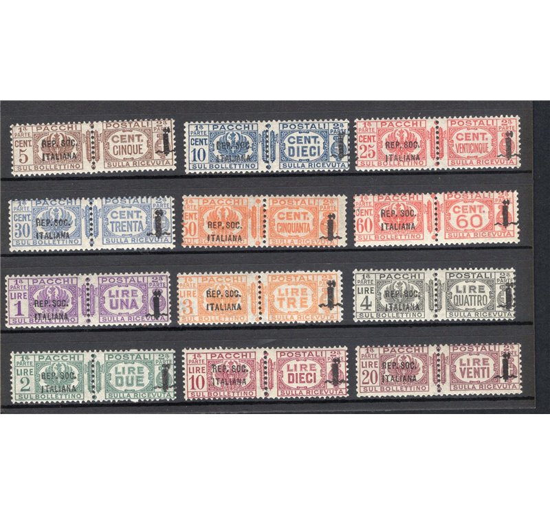 1944 - RSI Pacchi postali, serie n° 36/47. Firm.: ED. Cert.: IC. Cat. € 3.750 (**)