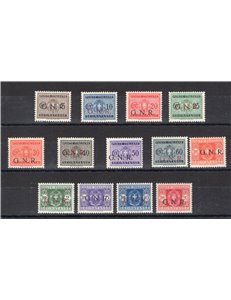 1944 - RSI Segnatasse soprast. GNR di Verona e Brescia, serie n° 47/59. Varie firme. Cert.: Apicella. Cat. € 3.000 (**)