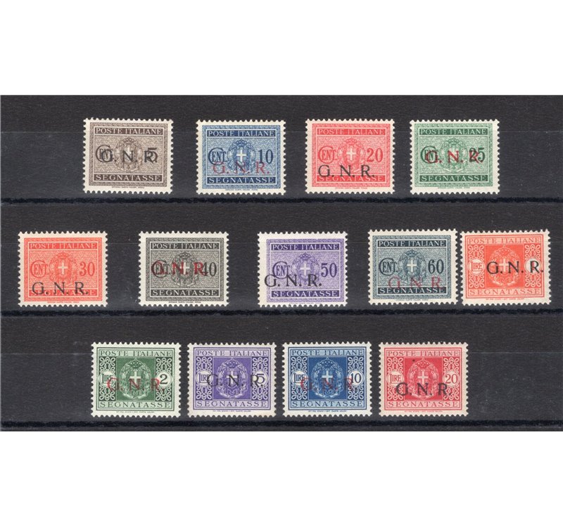 1944 - RSI Segnatasse soprast. GNR di Verona e Brescia, serie n° 47/59. Varie firme. Cert.: Apicella. Cat. € 3.000 (**)