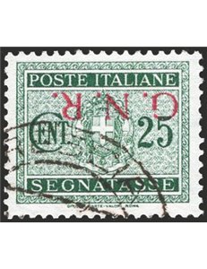 1944 - RSI Segnatasse 25 c. verde con soprast. di Brescia capovolta, n° 50/Ia. Firm.: Caffaz - timbrino Scotto. Cert.: IC. Cat. 