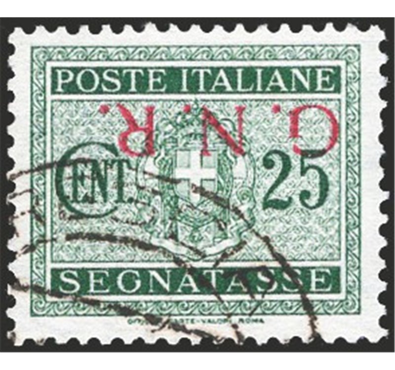 1944 - RSI Segnatasse 25 c. verde con soprast. di Brescia capovolta, n° 50/Ia. Firm.: Caffaz - timbrino Scotto. Cert.: IC. Cat. 
