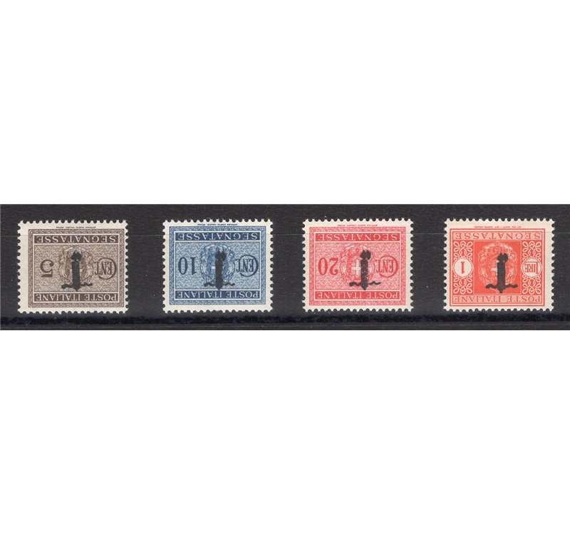 1944 - RSI Segnatasse con soprast. fascetto capovolta, n° 60a/62a + 68a. Firm.: Raybaudi. Cat. € 560 (**)