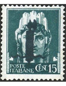 1944 - RSI Saggio imperiale 15 c. verde grigio con soprast. in nero tipo "l", n° P11. Cert.: Biondi. Cat. € 650 (**)