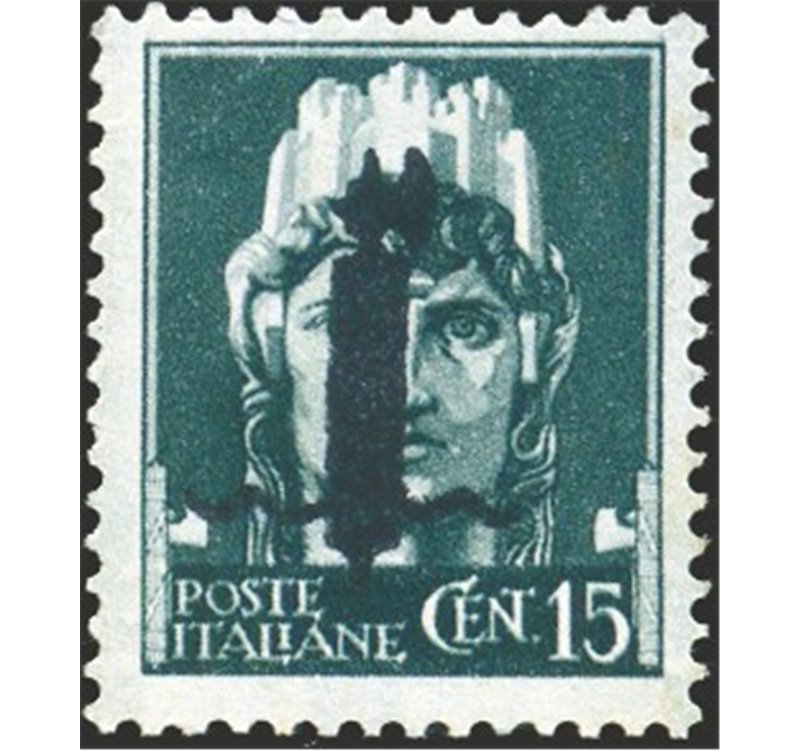 1944 - RSI Saggio imperiale 15 c. verde grigio con soprast. in nero tipo "l", n° P11. Cert.: Biondi. Cat. € 650 (**)