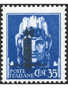1944 - RSI Saggio imperiale 35 c. azzurro con soprast. in nero tipo "l", n° P12. Cert.: Biondi. Cat. € 650 (**)