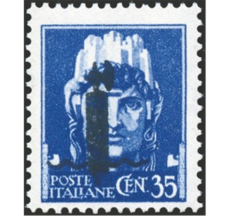 1944 - RSI Saggio imperiale 35 c. azzurro con soprast. in nero tipo "l", n° P12. Cert.: Biondi. Cat. € 650 (**)