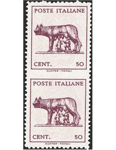 1944 - Luogotenenza Lupa 50 c. in coppia verticale senza filigrana non dent. in centro orizzontalmente, n° 515Aac. Cert.: Biondi