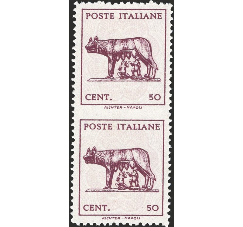 1944 - Luogotenenza Lupa 50 c. in coppia verticale senza filigrana non dent. in centro orizzontalmente, n° 515Aac. Cert.: Biondi