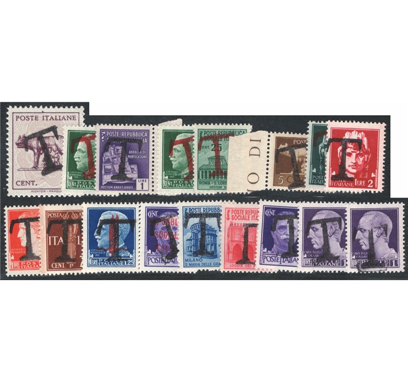 1944 - Luogotenenza insieme di 17 francobolli: Imperiale, Lupa, Pegaso e Monumenti Distrutti con soprast. “T” grande, segnatasse