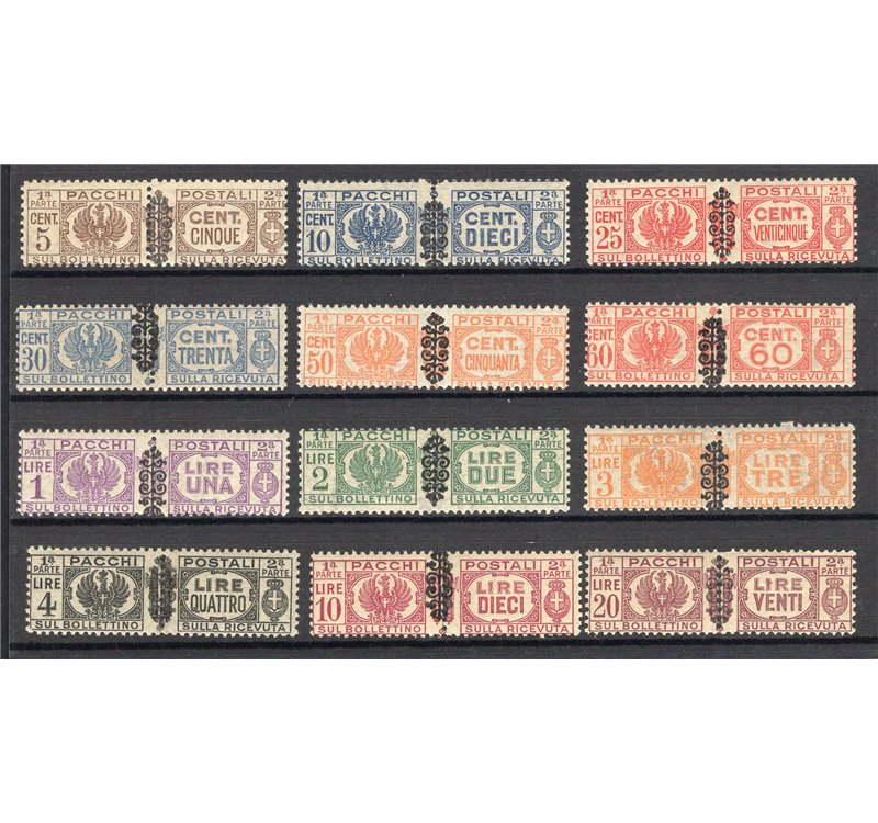 1945 - Luogotenenza Pacchi postali soprast., serie n° 48/59. Cert.: Biondi. Cat. € 450 (**)