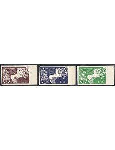1945 - Luogotenenza Sabe quadriga, la serie non dentellata, n° 13/15. Firm.: ED. Cert.: Apicella. Cat. € 2.200 (**)