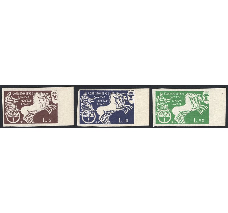 1945 - Luogotenenza Sabe quadriga, la serie non dentellata, n° 13/15. Firm.: ED. Cert.: Apicella. Cat. € 2.200 (**)