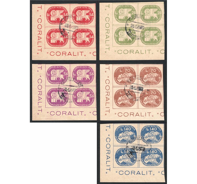 1945 - Luogotenenza Coralit Leone di S. Marco con annulli di Brescia dell’ultimo giorno di validità, serie n° 3/7 in quartina d’