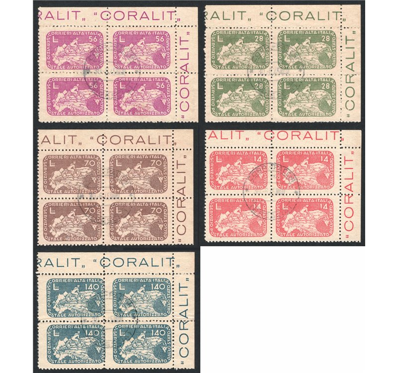 30/6/1945 - Luogotenenza Coralit Ciclista con annulli di Brescia dell’ultimo giorno di validità, serie n° 8/12 in quartina. Cert