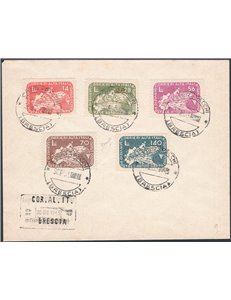 1945 - Luogotenenza Servizi Privati Autorizzati Coralit Ciclista, serie n° 8/12 su busta filatelica annullata l'ultimo giorno de