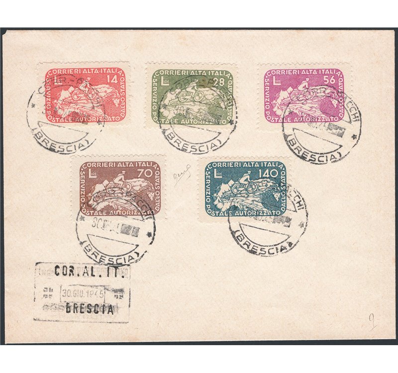 1945 - Luogotenenza Servizi Privati Autorizzati Coralit Ciclista, serie n° 8/12 su busta filatelica annullata l'ultimo giorno de
