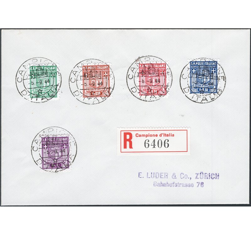 Emissioni Autonome - Campione - 1944 - Lettera filatelica da Campione per Zurigo con serie Stemmi, serie n° 1/5, al verso timbro