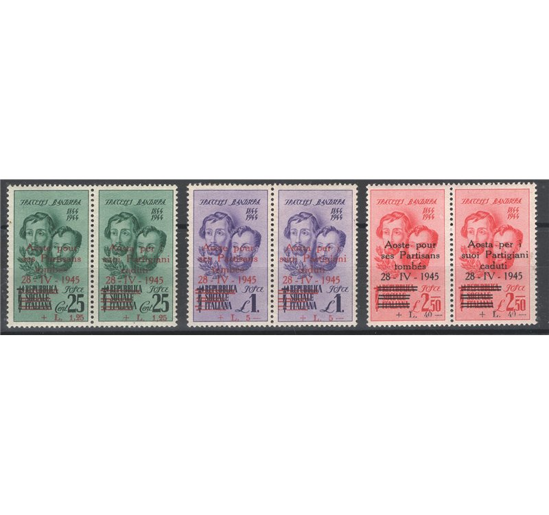 Emissioni C.L.N. - Aosta - 1944 - Fratelli Bandiera, le due serie con soprast. in rosso e in nero bilingue su coppie, serie n° 1