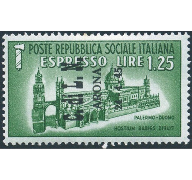 Emissioni C.L.N. - Arona - 1945 - Monumenti Distrutti 1,25 £ soprast., n° 16. Cert.: Biondi. Cat. € 360 (*)
