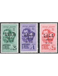Emissioni C.L.N. - Arona - 1944 - Fratelli Bandiera soprast., serie n° 11/13. Firm.: Raybaudi - Chia. Timbrino Scotto. Cat. € 16